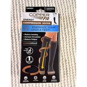 Copper Fit Energy Compression Socks Black Knee High Unisex L/XL 1 Pair